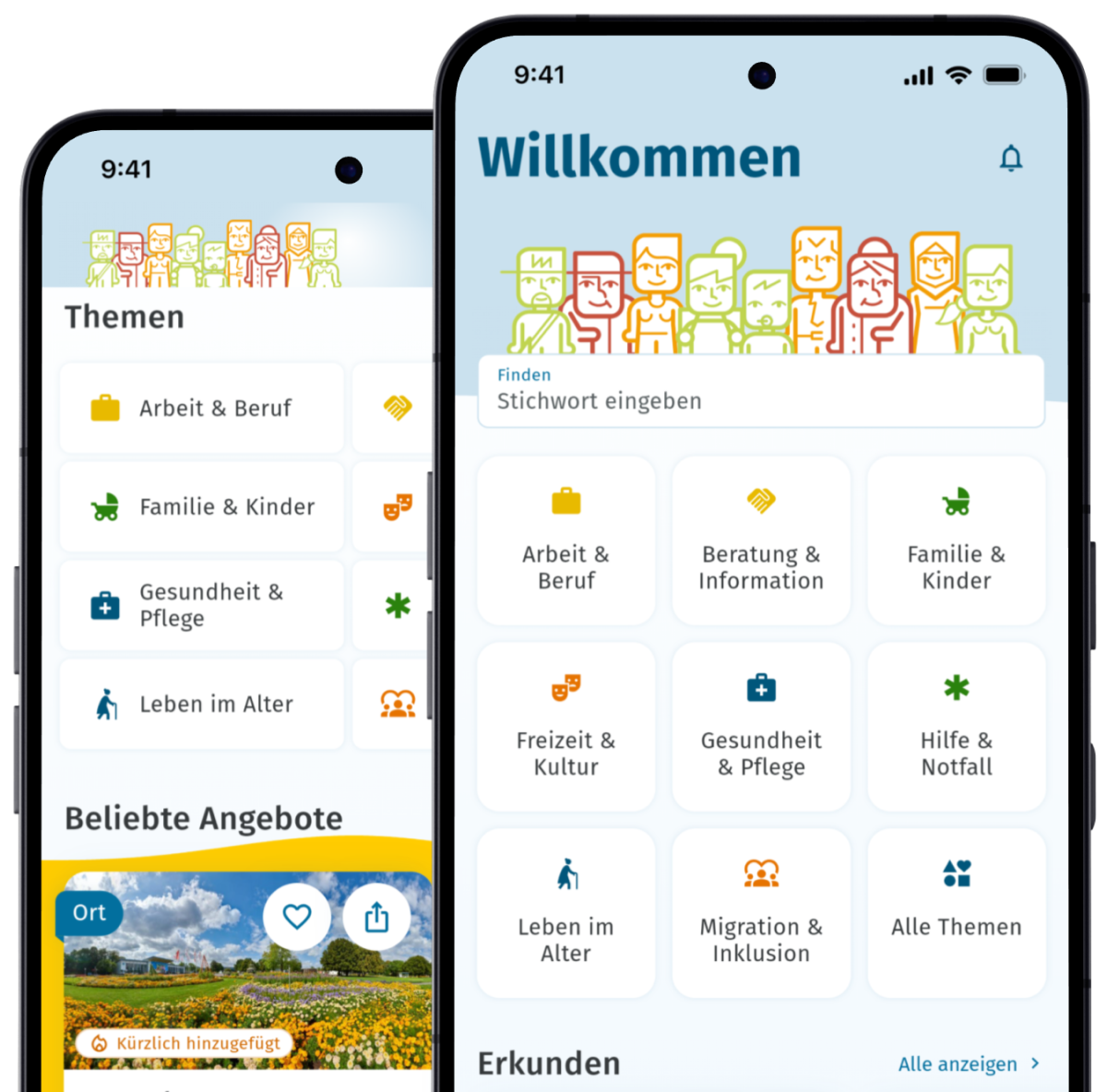 Zwei nebeneinander abgebildete Smartphones, die die Familien-App zeigen
